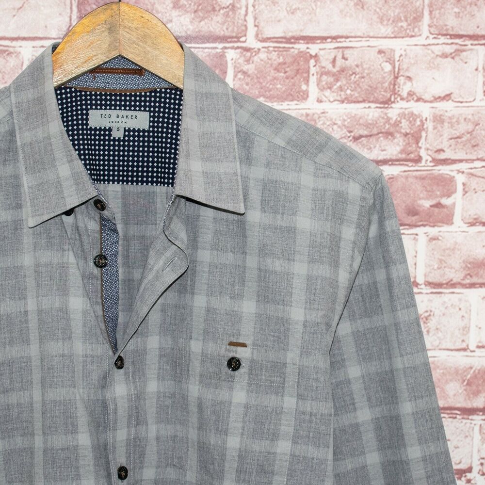 TED BAKER Men's Button Front Shirt Gray Cotton Check Size 5